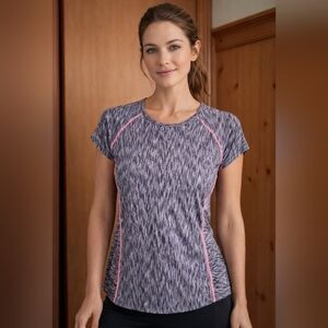 Athleta Women’s Medium Space Dye Performance Workout Top Gray Pink Athletic Tee